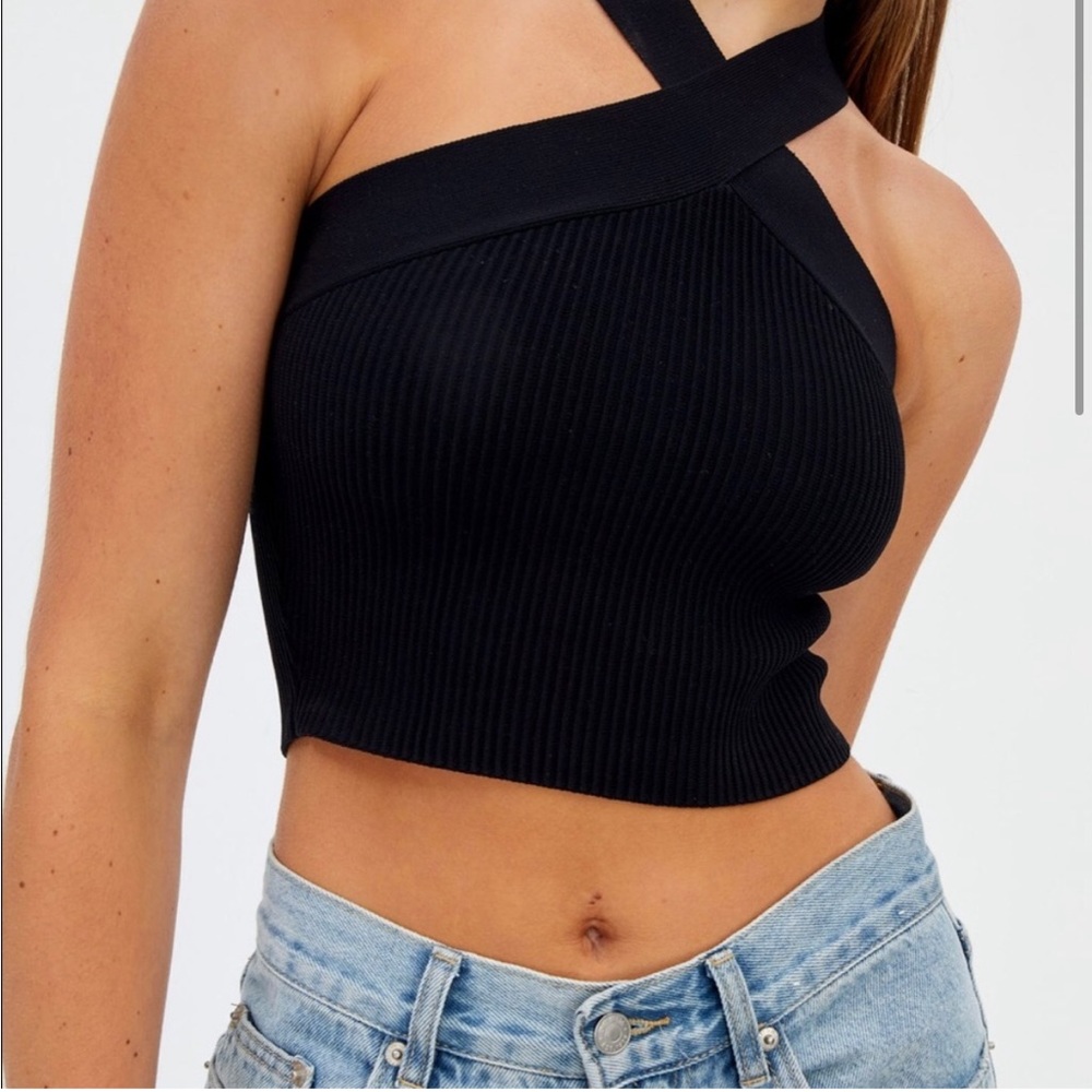 Glassons Black Ribbed Cross Strap Crop Top